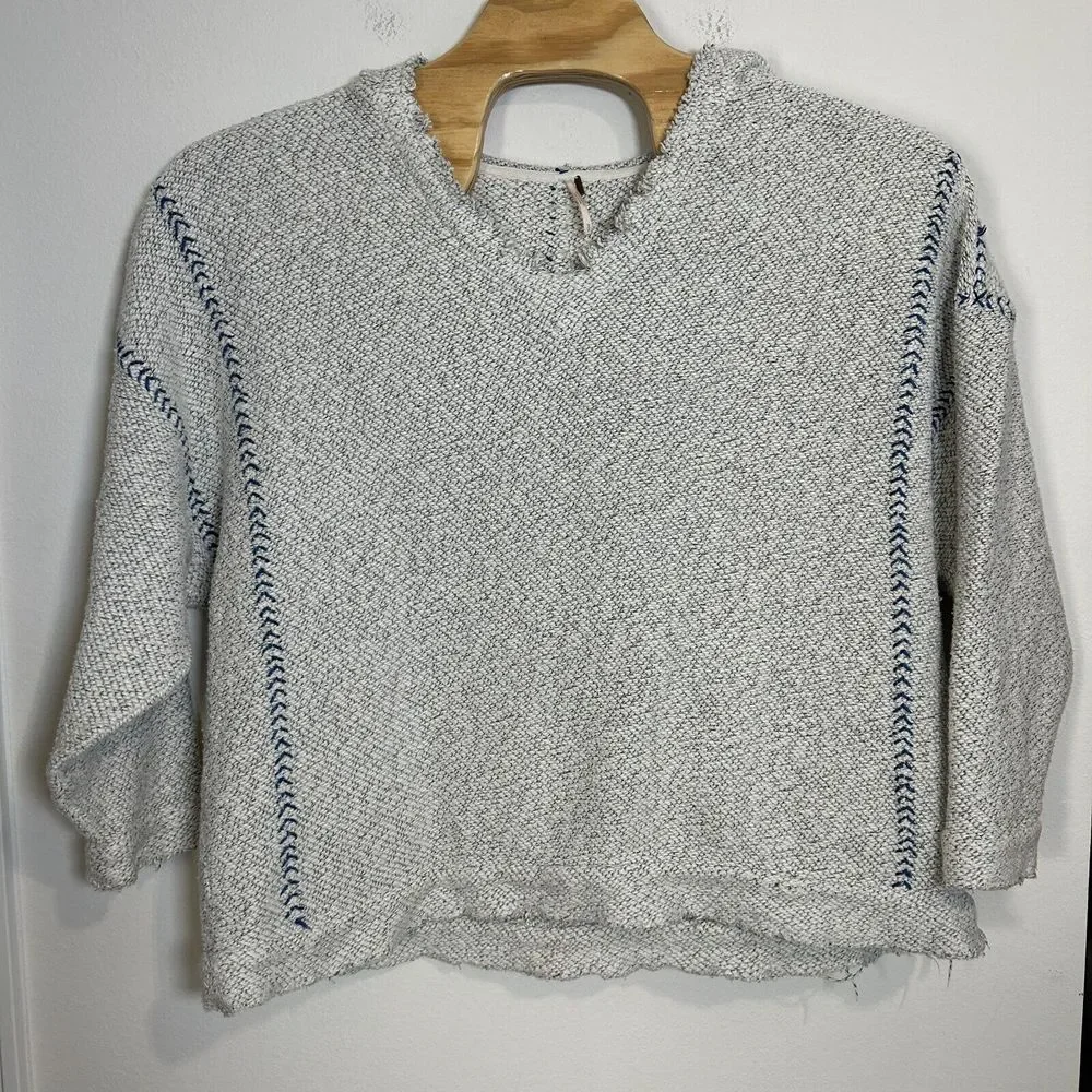 Free People Boxy Hooded Cardigan Sweater Womens‎ S White/Blue V-Neck Oversized
